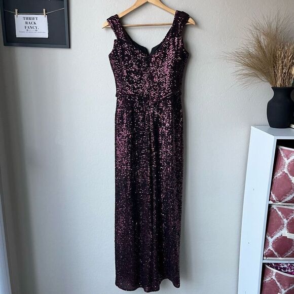 Rene Ruiz Gown Burgundy‎ Off the Shoulder Sequin Cocktail Formal Maxi Dress Sz 4 - Picture 8 of 12